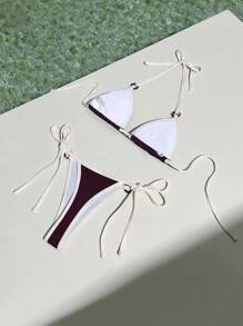 Swim Vcay 女士度假海滩撞色饰边泳衣套装 - 酒紅色 - 查看 2