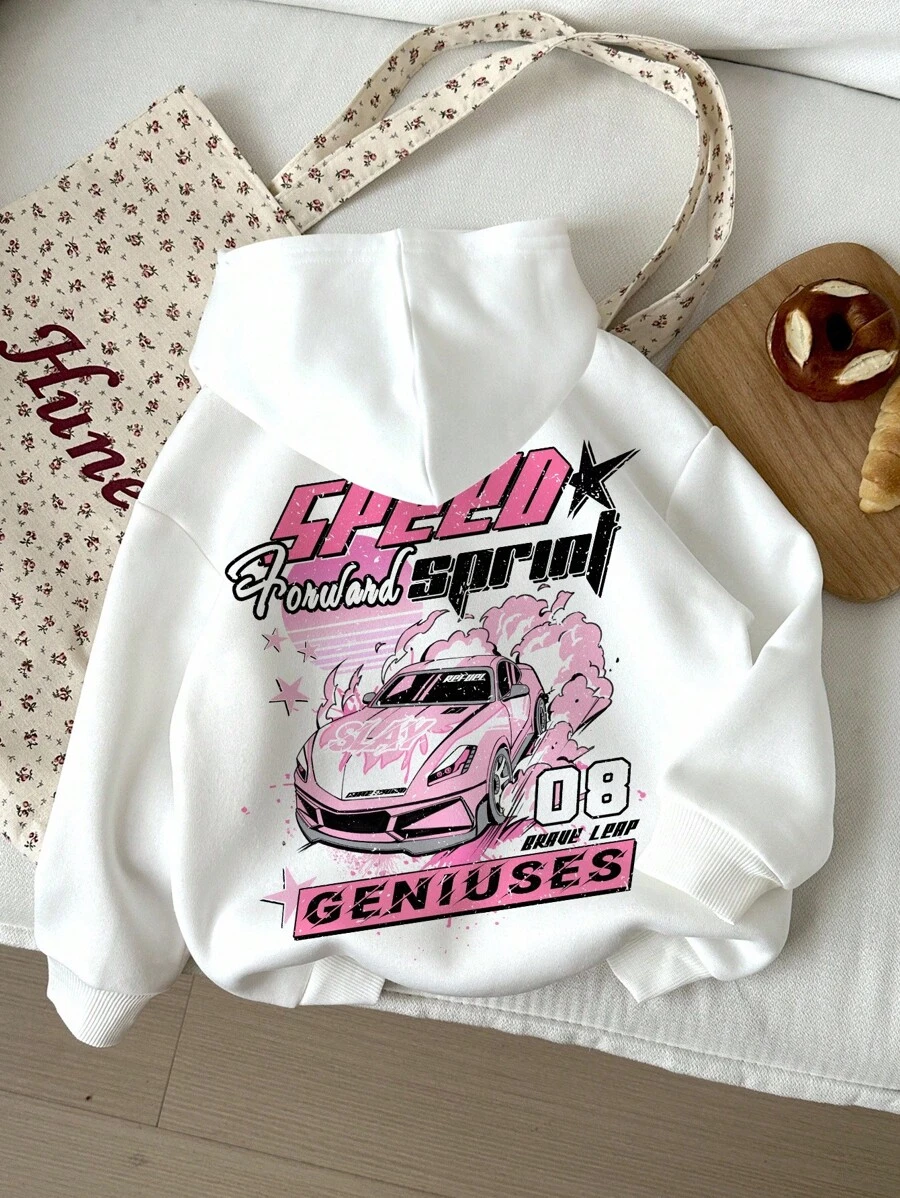 少女休闲复古F1赛车返校季白色街头风加厚长袖卫衣，适合秋冬季穿着 - 白色 - 查看 1