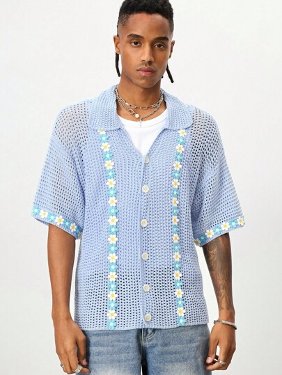 Street Life Men's Holiday Casual Embroidered Applique Hollow-Out Floral Knit Top