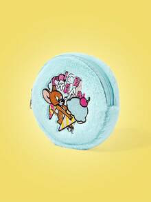 TOM & JERRY X SHEIN Geantă de pluș cu fermoar, brodată cu desene animate, pentru femei, albastră