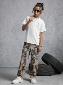 GODZILLAxKONG X SHEIN Pantalones cargo rectos de cintura elástica con estampado de monstruo, estilo casual y moderno para niño preadolescente - Verde militar - Ver 6