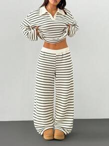 SHEIN PETITE Women's 2pcs Set Loose Striped V-Neck Drop Shoulder Long Sleeve T-Shirt &Elastic Waist Striped Pants, Winter Sweater Suit ,Autumn/Winter Women Striped Lounge Set Two Pieces Pants Set Women Two Pieces Set Casual Two Pieces Set Striped Two Pieces Set Comfortable Two Pieces Set - Black and White - View 1
