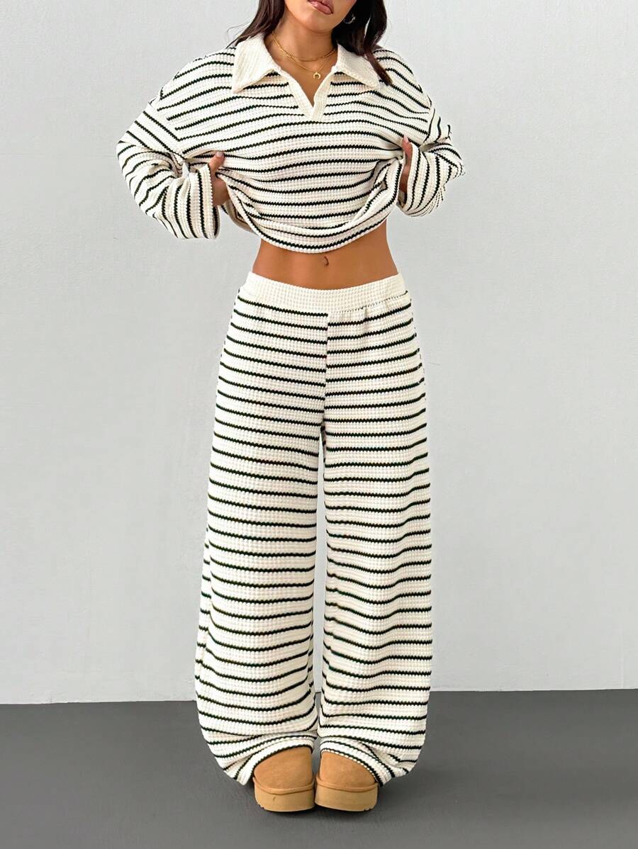 SHEIN PETITE Women's 2pcs Set Loose Striped V-Neck Drop Shoulder Long Sleeve T-Shirt &Elastic Waist Striped Pants, Winter Sweater Suit ,Autumn/Winter Women Striped Lounge Set Two Pieces Pants Set Women Two Pieces Set Casual Two Pieces Set Striped Two Pieces Set Comfortable Two Pieces Set - Black and White - View 1