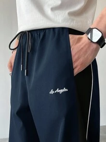 Manfinity EMRG Men's Casual Color Block Drawstring Straight Leg Pants, Loose Fit Long Patchwork Black Straight Leg Sweatpants, Fall - Navy Blue - View 5