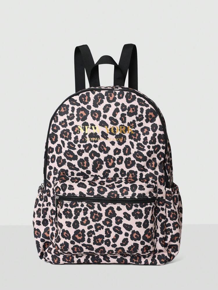 Leopard Print Backpack With Adjustable Straps And Zipper Pockets