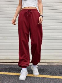 Streetz SHEIN Sport 女士纯色抽绳腰休闲慢跑裤，简约时尚 - 紅色 - 查看 1