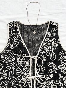 Soleia Plus Size Women Green Knitted Jacquard White Embroidered V-Neck Open Front Tie-Waist Sleeveless Vest Cardigan