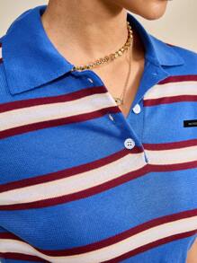 Muvela Áo thun polo sọc xanh đỏ giản dị mùa hè dành cho nữ, Áo thun tay ngắn cài nút, trang phục mùa hè dành cho nữ - Nhiều màu - Xem 9