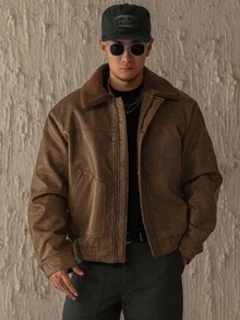 DAZY Men's Brown Leather Patchwork Collar Thick Insulated Jacket, Winter - Brown - View 4