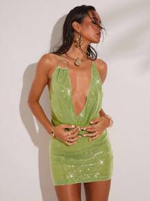 SHEIN BAE Women's Sexy Deep V-Neck O-Ring Halter Backless Mini Dress - Green - View 1