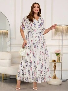 SHEIN Clasi 大码女式连衣裙，夏季优雅花卉印花褶皱长裙，浪漫飘逸连衣裙派对装大码女装外出装秋季服装女式长裙女式连衣裙女式连衣裙优雅优雅女式连衣裙大码女式秋季连衣裙女式派对连衣裙 - 彩色 - 查看 5