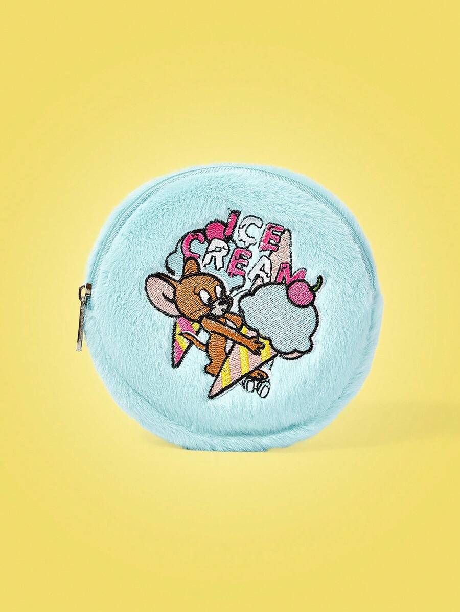 TOM & JERRY X SHEIN Geantă de pluș cu fermoar, brodată cu desene animate, pentru femei, albastră