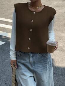 Siren Gaze Áo len cardigan len màu mơ đơn sắc ngắn tay cho nữ, áo khoác len cài nút kim loại - màu nâu - Xem 3