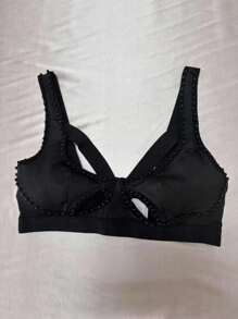 SHEIN 1件装性感镂空串珠女士无钢圈文胸 - 黑色 - 查看 6