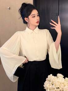 DAZY Women's Autumn Patchwork Loose Pleated Ruffle Sleeve Blouse Long Sleeve Top - Apricot - View 1