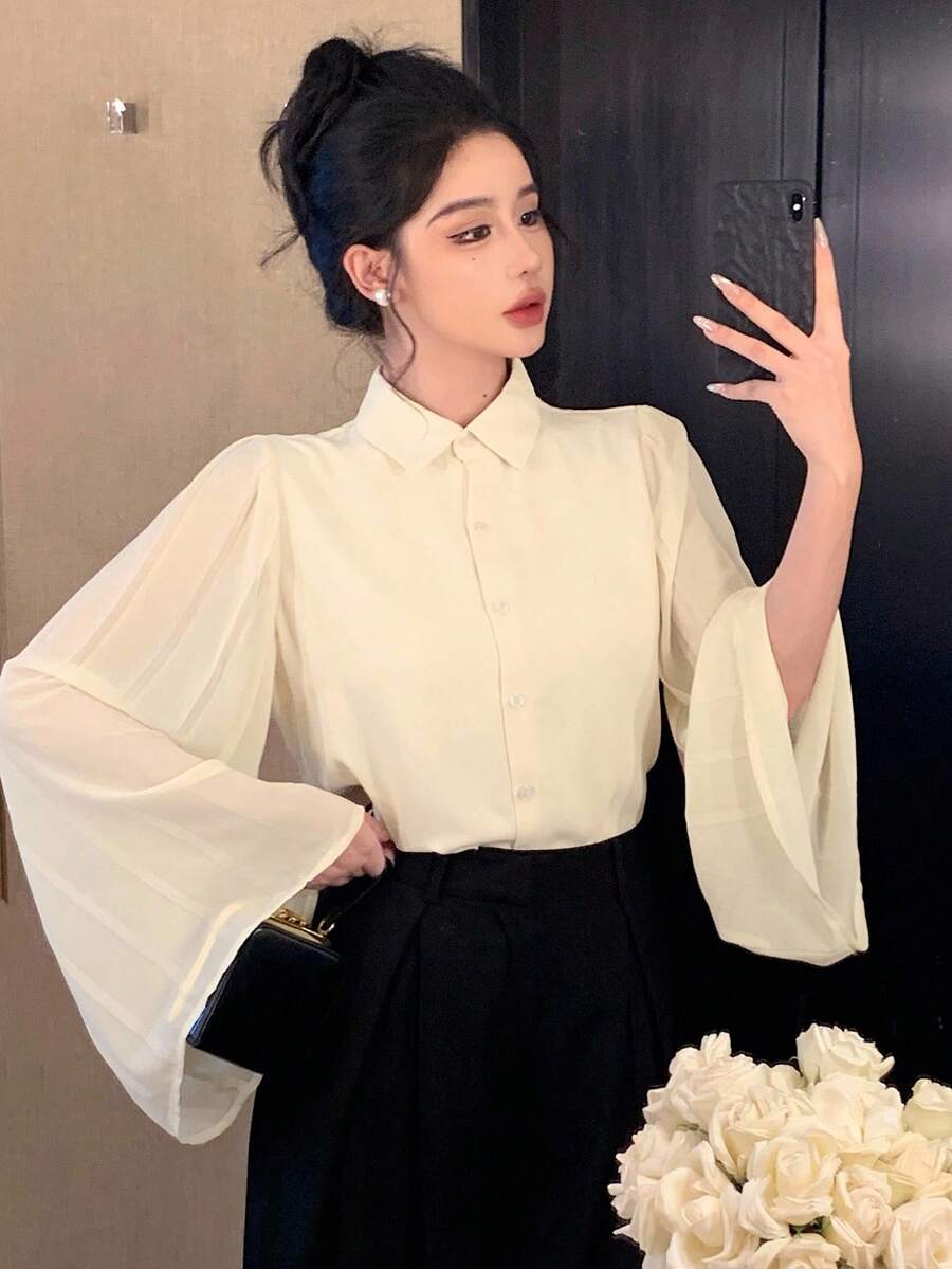 DAZY Women's Autumn Patchwork Loose Pleated Ruffle Sleeve Blouse Long Sleeve Top - Apricot - View 1