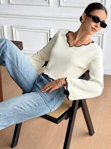 Serisse Women's French Casual Contrasting Color Trim V-Neck Long Sleeves Casual Versatile Knitted Top Fall Tops Flare Sleeve Cropped Sweater ,Knitted Sweater ,Suitable For Daily Commuting. Autumn Layering, Autumn And Winter New Arrivals,For Everyday Wear And Layering Back To School, Fall Women ,Cute Tops,Going Out Tops Women,Old Money Women ,Business Casual Women,All-Season,Christmas Sweater,Thanksgiving For Women , Winter Casual - Multicolor - View 4