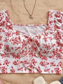 Soleia 大码女式浪漫花卉印花甜心领泡泡袖荷叶边系带上衣 - 彩色 - 查看 3