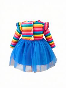 SHEIN Playful Pals 女婴彩虹条纹盖袖吊带二合一服装，秋季温暖舒适可爱风格