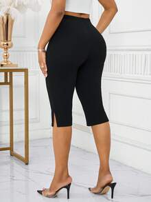 SHEIN Lady 2025 New Women's Black Solid Color Pants, Fashionable For Summer Split Hem Leggings Fall Clothes For Women Halloween  Chic Women's Pant