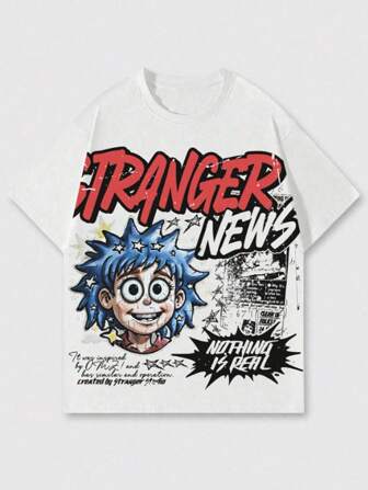 Street Life Men's Casual Cartoon Letter Printed Round Neck Short Sleeve T-Shirt, Summer