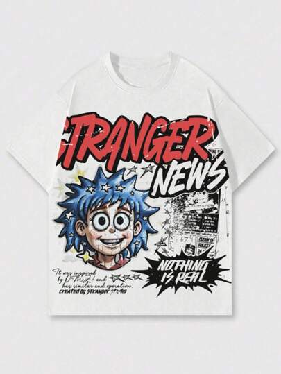 Street Life Camiseta de manga corta de cuello redondo con impresión de letra de dibujos animados casual de verano para hombre