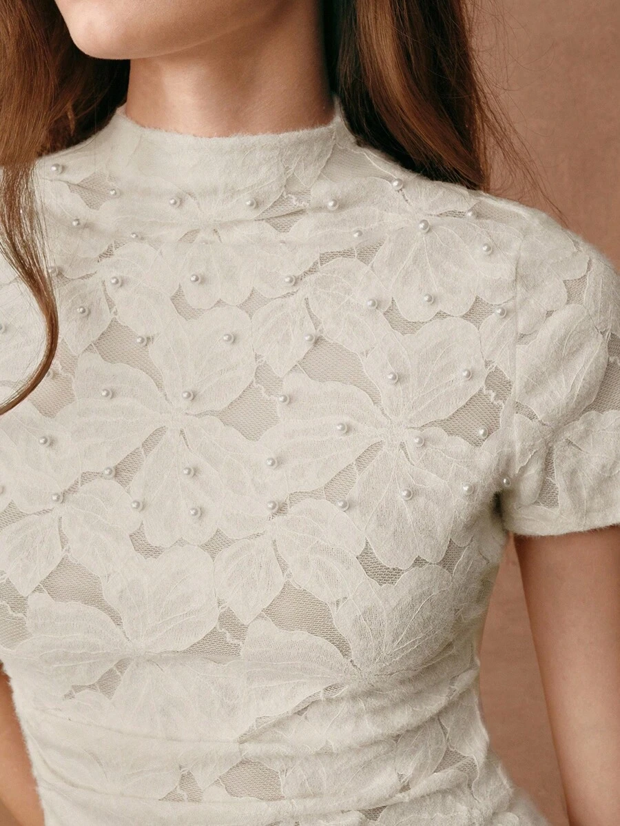 Anewsta Savoree Elegant Romantic 3D Floral Jacquard Stand Collar Fitted Short Sleeve Knit Tee With Pearl Decor