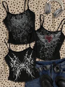 Attitoon 3 件套女式朋克十字架和翅膀印花背心，适合夏季，蝴蝶爱翼，Y2K 哥特风格，复古垃圾摇滚，朋克，返校，可爱的夏季上衣 - 彩色 - 查看 1