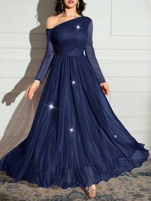 Modelyn 女士时尚优雅浪漫不对称领长袖连衣裙 - 藏蓝色 - 查看 6