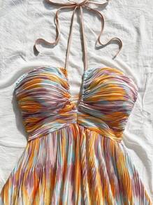 Soleia 女士度假风格渐变色褶皱花卉印花 A 字形系带飘逸露背蝴蝶结迷你连衣裙，性感，适合婚礼季节、下午茶、派对、情人节约会