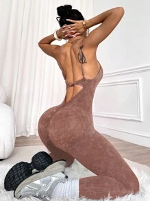 SHEIN Sports 1件女款磨砂水洗圓領扭繩肩帶連身褲 棕色瑜珈連身褲 棕色運動連身褲 無縫瑜珈連身褲 淺褐色運動連身褲 棕色運動套裝 棕色瑜珈套裝 淺褐色運動套裝 - 摩卡棕 - 查看 5