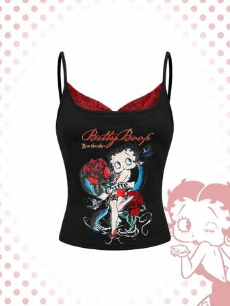 Betty Boop | ROMWE Plus Size Women Y2K Rose & Portrait Graphic Lace Camisole Top