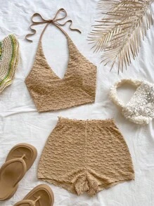 Soleia 女士针织纹理露背两件套，性感派对约会夜海滩度假夏季服装，适合节日约会、下午茶、婚礼季节、海滩邮轮度假、城市公路旅行度假、波西米亚风度假、音乐节 - 卡其色 - 查看 3