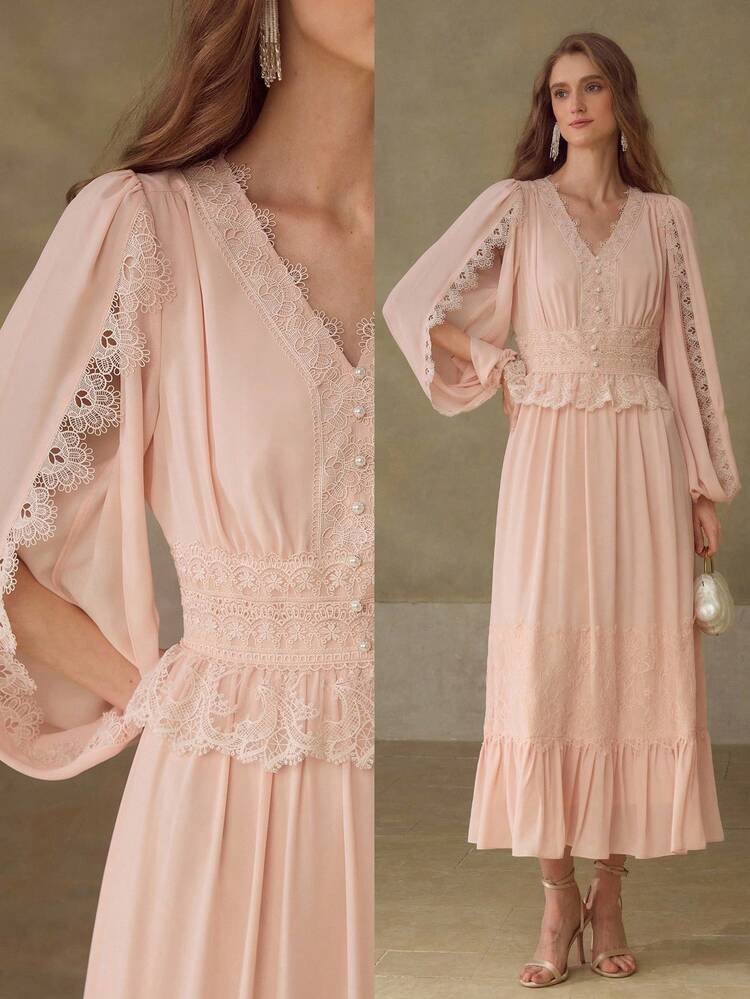 VESTIDO MIDI ELEGANTE Y ROMÁNTICO PARA MUJER CON ENCAJE Y BORDADOS APLICADOS