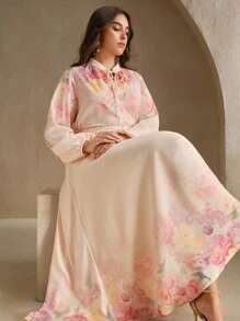 Anewsta Trang phục biểu diễn âm nhạc thanh lịch cỡ lớn dành cho nữ, áo cánh dài tay in họa tiết thời trang, mùa thu - Màu be - Xem 7