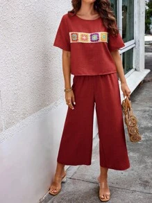 SHEIN LUNE 2pcs Women Bohemian Style Patchwork Short Sleeve Set - Redwood - View 6