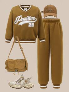2pcs Young Girl College-Style Fleece Embroidered Letter Graphic Small V-Neck Hoodie And Sweatpants Set,Autumn/Winter.2025 Back-To-School Season Kids College Outfits And Campus Sportswear Fall - Brown - View 1