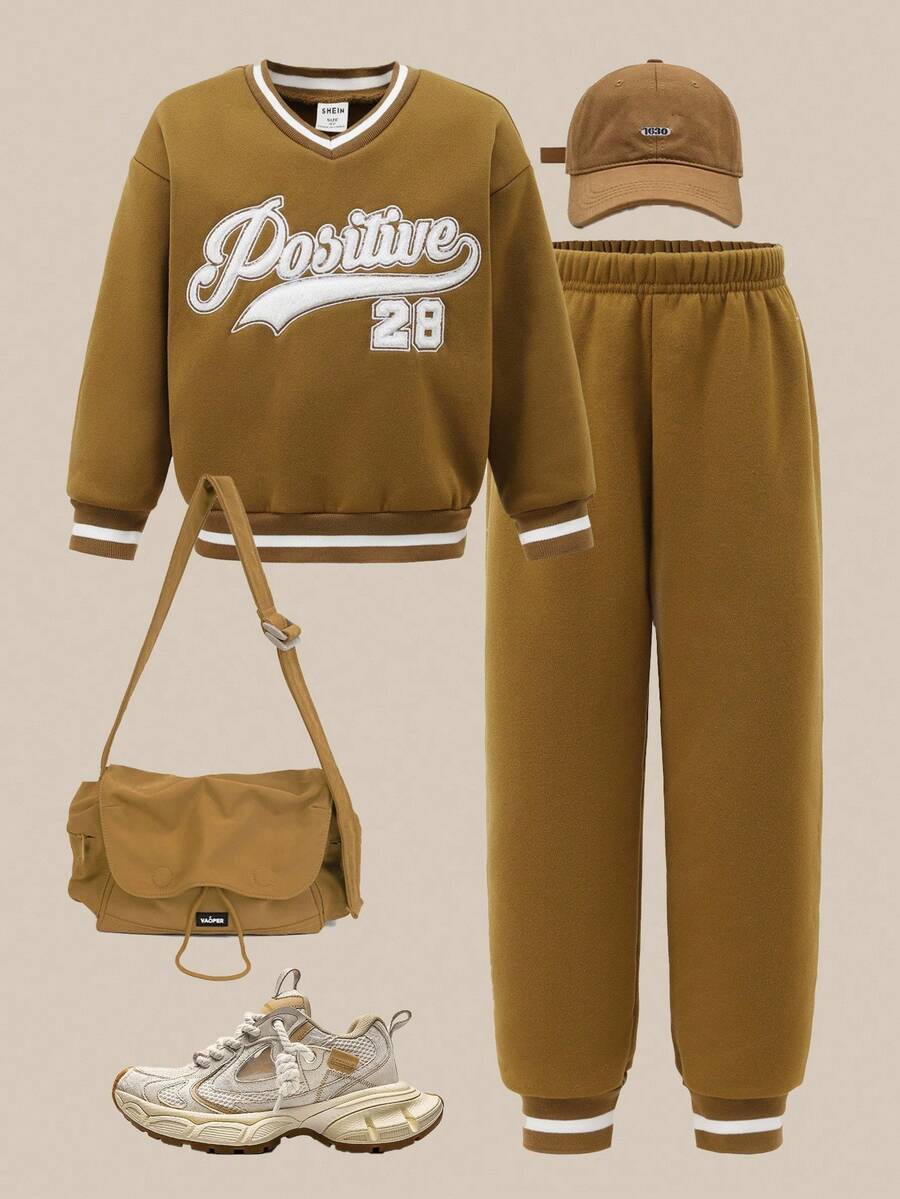 2pcs Young Girl College-Style Fleece Embroidered Letter Graphic Small V-Neck Hoodie And Sweatpants Set,Autumn/Winter.2025 Back-To-School Season Kids College Outfits And Campus Sportswear Fall - Brown - View 1