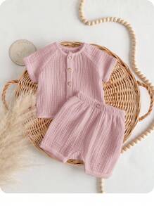 2 件套新生男婴休闲可爱粉色短袖衬衫和松紧腰短裤套装，夏季 - 粉色 - 查看 1