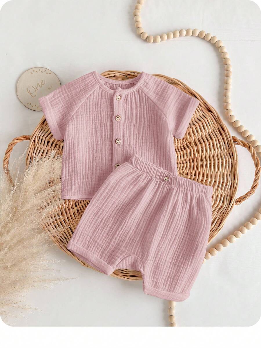 2 件套新生男婴休闲可爱粉色短袖衬衫和松紧腰短裤套装，夏季 - 粉色 - 查看 1