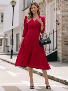 EMERY ROSE Váy xòe tay 3/4 cổ chữ V thắt eo cho nữ mặc năm mới trang phục maxi cho nữ - Đỏ - Xem 1