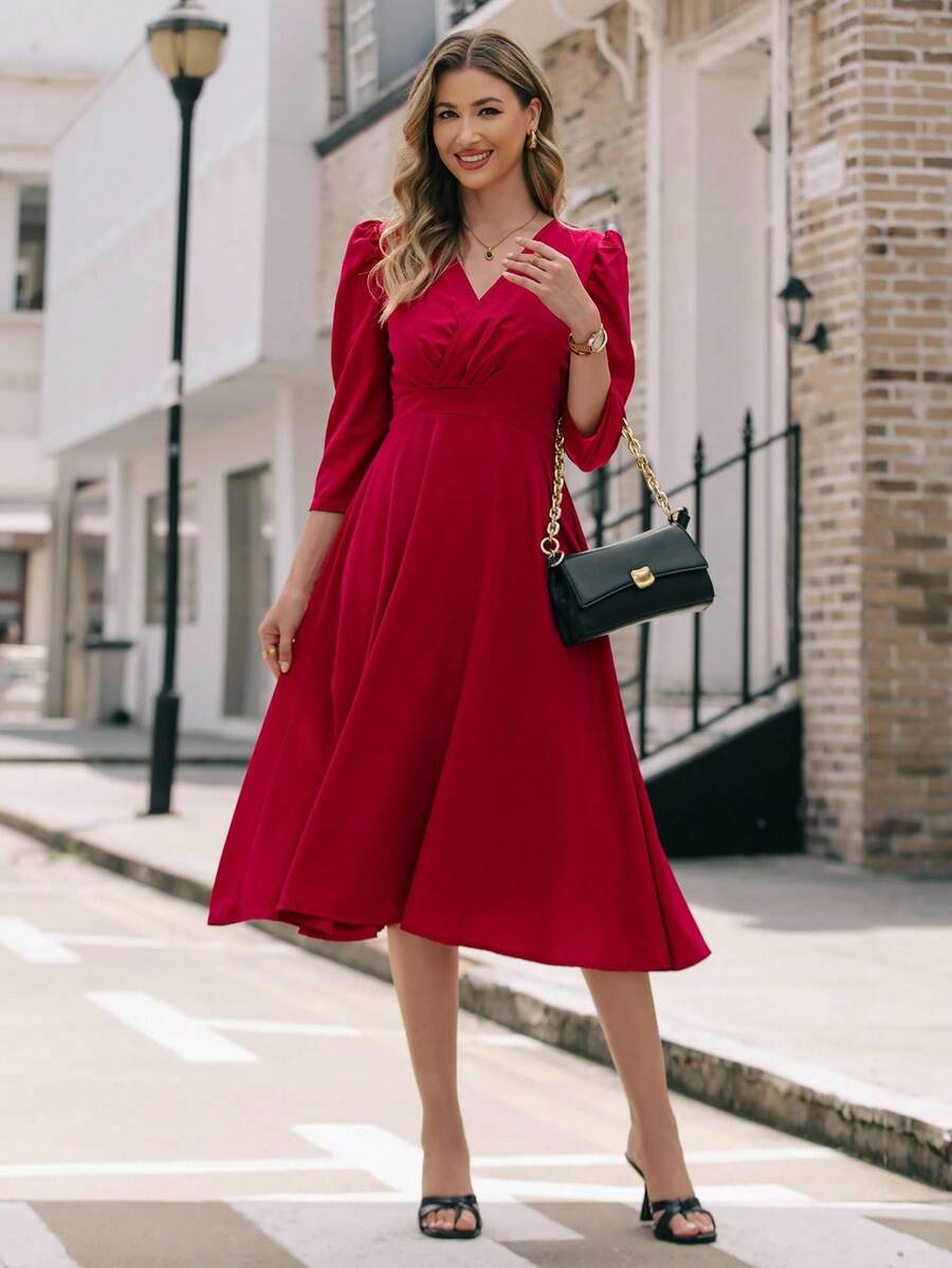 EMERY ROSE Váy xòe tay 3/4 cổ chữ V thắt eo cho nữ mặc năm mới trang phục maxi cho nữ - Đỏ - Xem 1