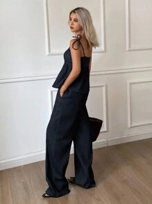 Livesso V领吊带背心和阔腿裤套装，优雅 - 深色水洗藍 - 查看 2