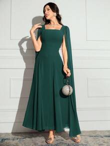 Modelyn Vestido largo de mujer de unicolor, cuello cuadrado, manga larga, sencillo y casual, vestido de noche largo - Verde Oscuro - Ver 3