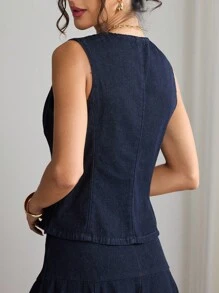 Elenzga 立领纽扣水洗牛仔衬衫 - 深色水洗藍 - 查看 4