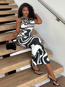 Alexandranx Women's Tie-Dye Print Fitted Dress, Summer Long Dress, Green Long Dress Maxi Women Outfit - Black and White - View 1