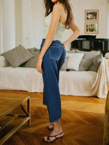 SHEIN Unity Women Dark Denim Cotton Low Waist Boyfriend Fit Jeans With Pockets Capris For Women Teacher Outfits - Dark Wash - View 5