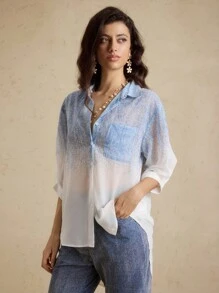 Briarwyn 女士四季服装 Old Money Style 女士休闲通勤渐变色拼色透视口袋衬衫，春夏季，返校季，女士纽扣衬衫，保暖 - 藍色 - 查看 5