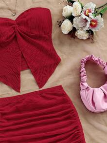 Soleia 女士纯色扭结抹胸上衣和侧抽绳迷你裙性感两件套 - 酒紅色 - 查看 6