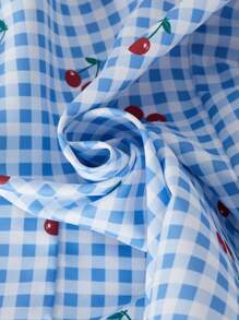 SHEIN Teen Girl Casual Fashion Woven Digital All-Over Checkerboard Cherry Print Pleated Waist Drawstring Comfortable Pants - Blue and White - View 8